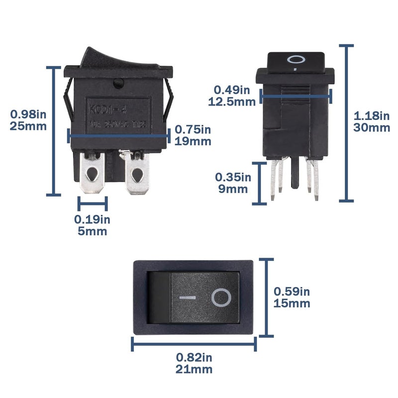 VEXUNGA Mini Rocker Switch On Off 4 Pin 2 Position 10A 250V Black Boat Rocker Toggle Switch KCD1 SPST Snap-in Square Switches for Car Marine Home Appliances (Pack of 10pcs) - Image 2
